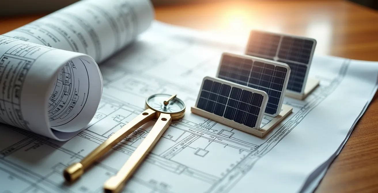 Overhead view of architectural plans and calendar with solar panel mockups
