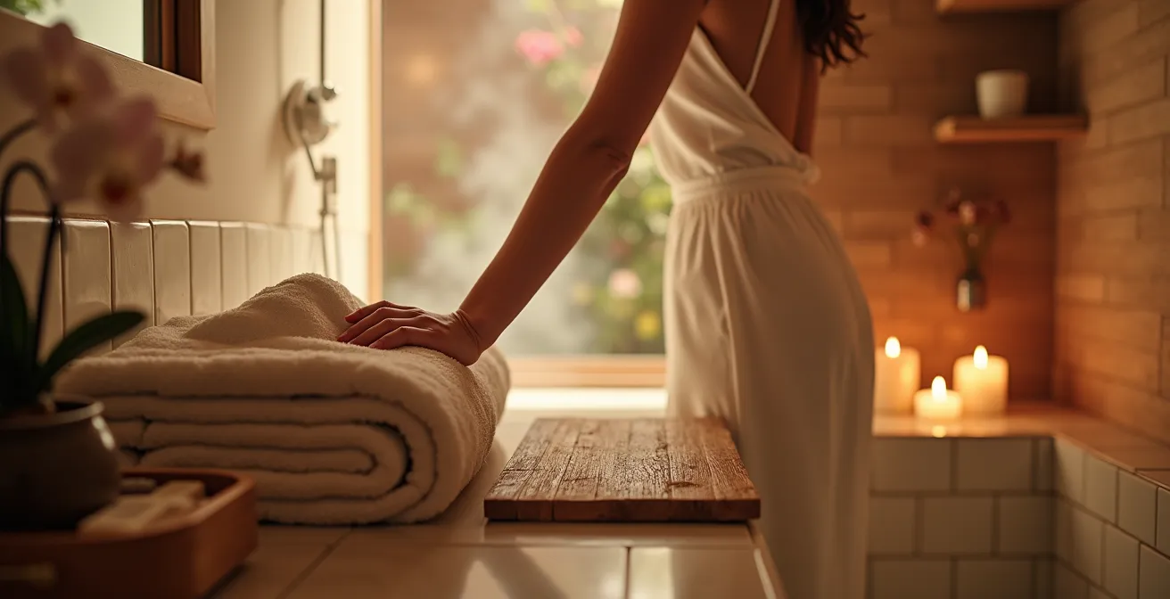 Bathroom transformed into spa-like sanctuary with warm lighting and natural wood elements