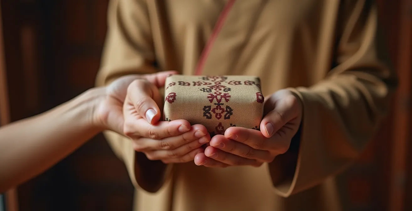 Hands exchanging a wrapped gift with traditional pattern in warm indoor setting