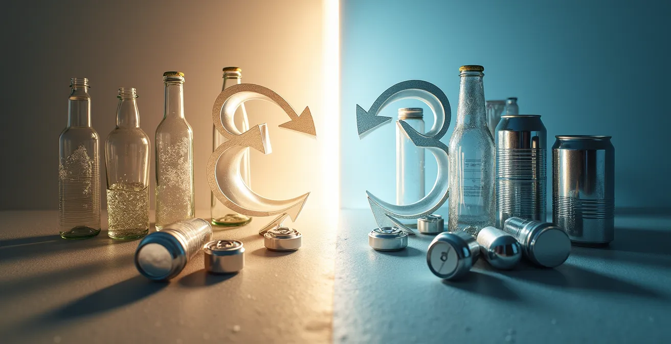 Split composition showing glass bottles and aluminum cans with abstract circular economy flow