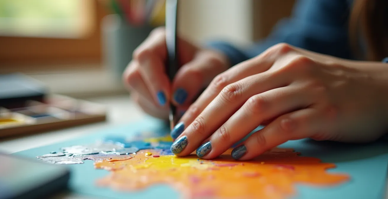 Close-up of a teenager's hands engaged in a creative hobby, like painting or playing an instrument, showing genuine enjoyment without screens.