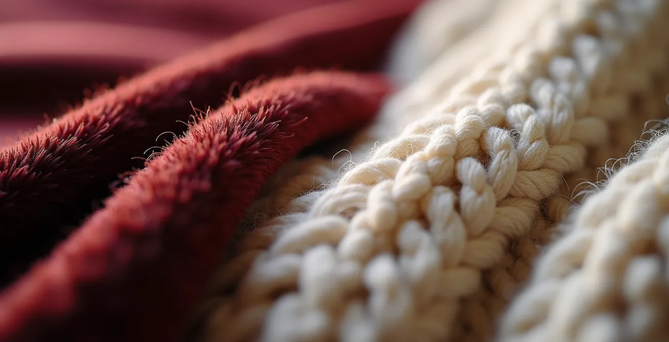 Close-up macro shot showing the contrasting textures of velvet and linen fabrics