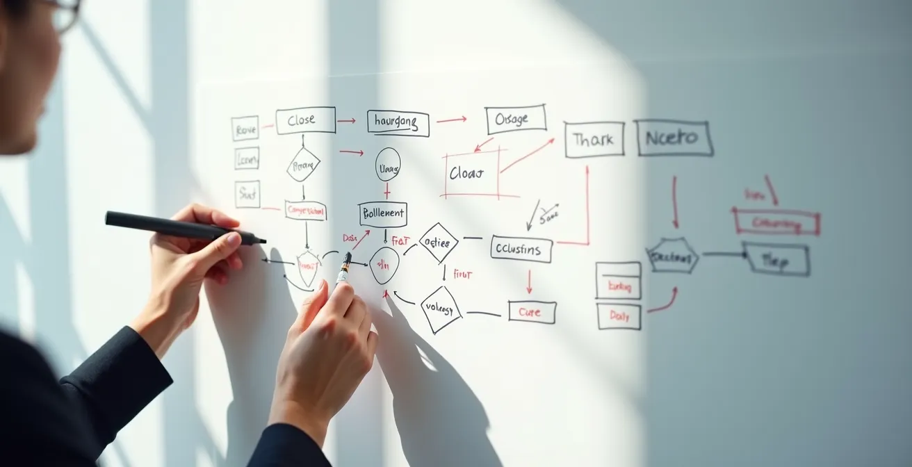 Close-up of hands drawing a value stream map on whiteboard showing workflow stages