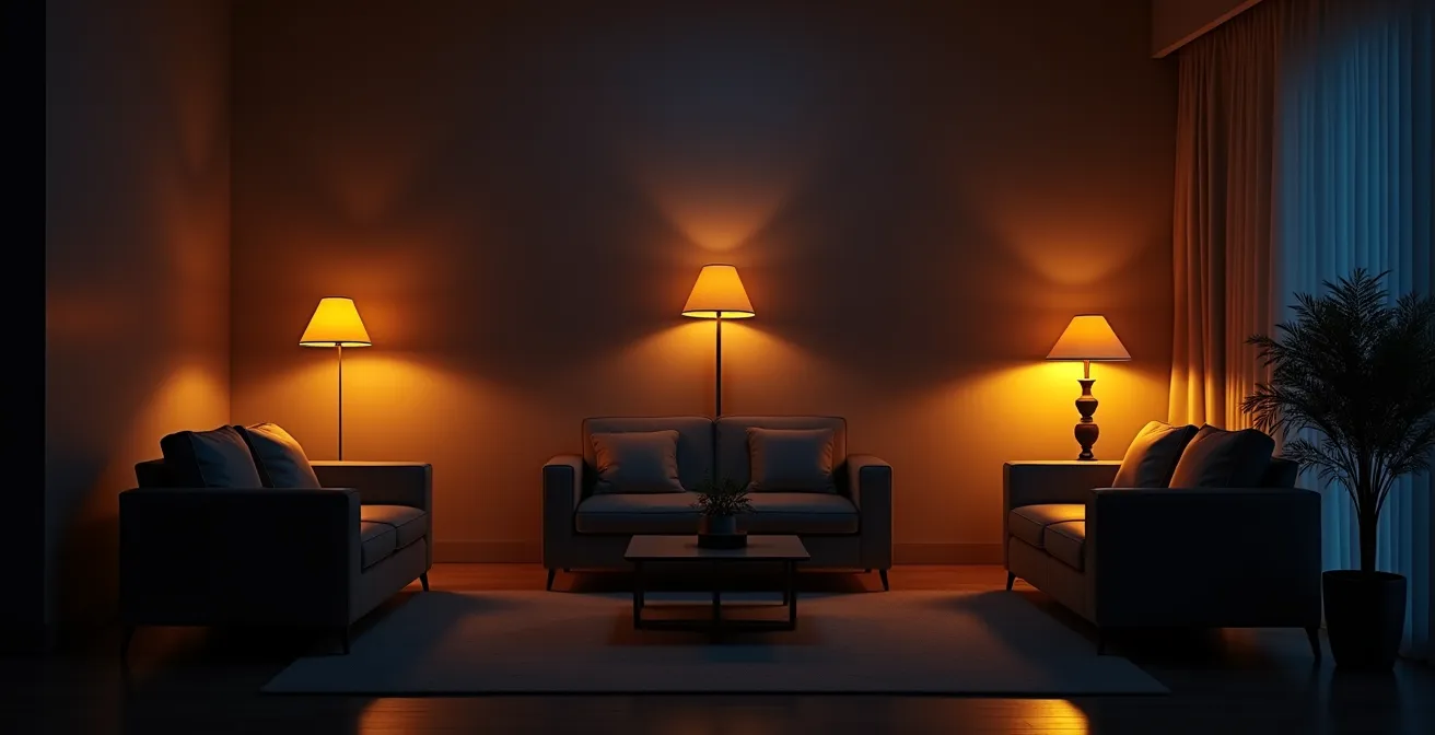 Living room showing three distinct lighting zones with warm ambient light sources