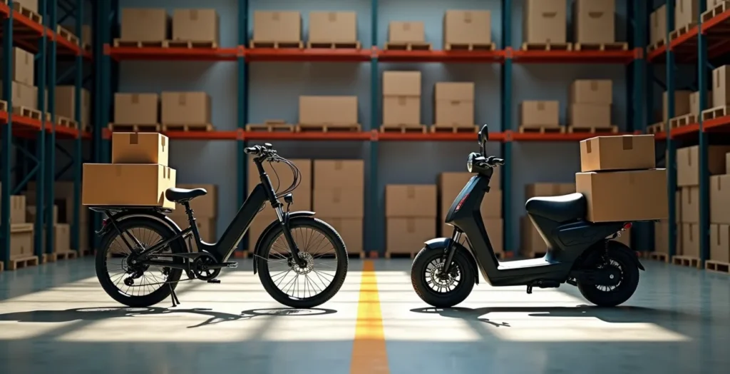 Side-by-side comparison of loaded cargo bike and electric moped in distribution center Side-by-side comparison of loaded cargo bike and electric moped in distribution center