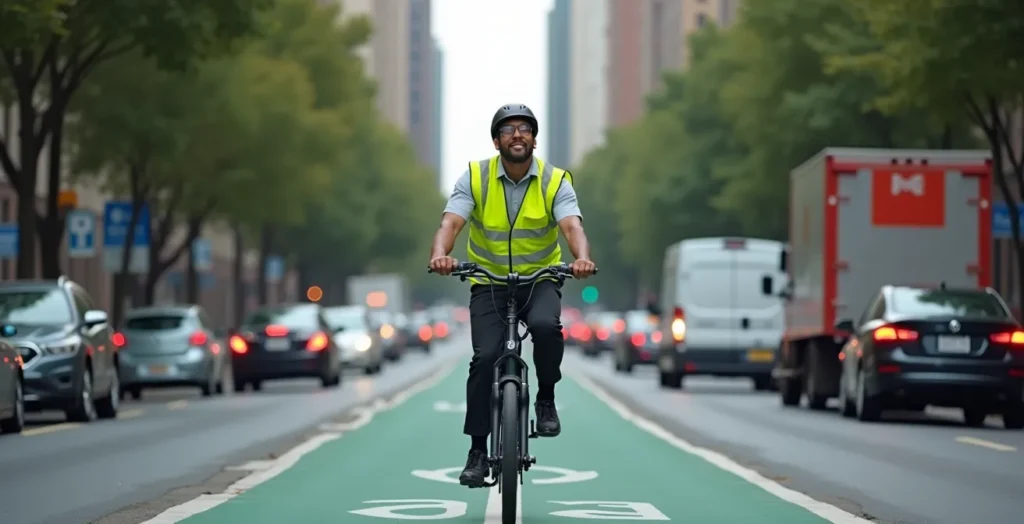 E-bike courier efficiently using dedicated bike lane while van stuck in traffic E-bike courier efficiently using dedicated bike lane while van stuck in traffic
