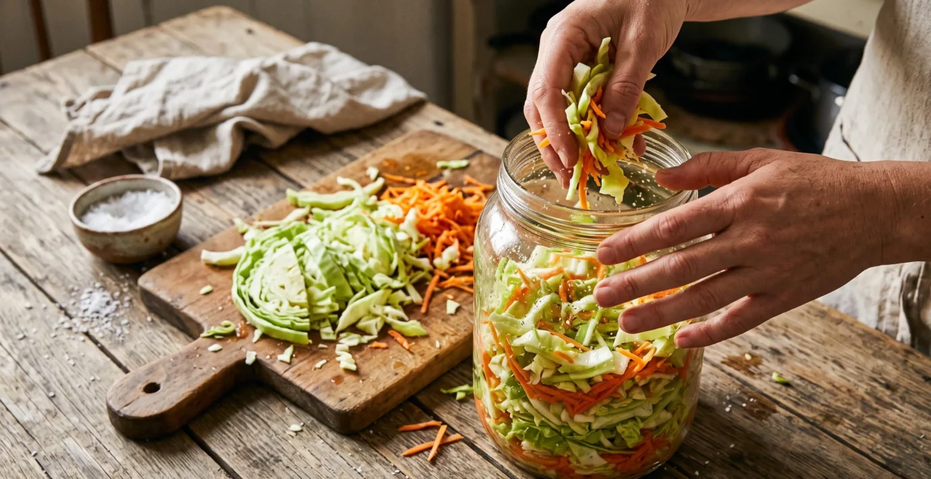 Hands prepare homemade fermented vegetables in a glass jar on a kitchen table.