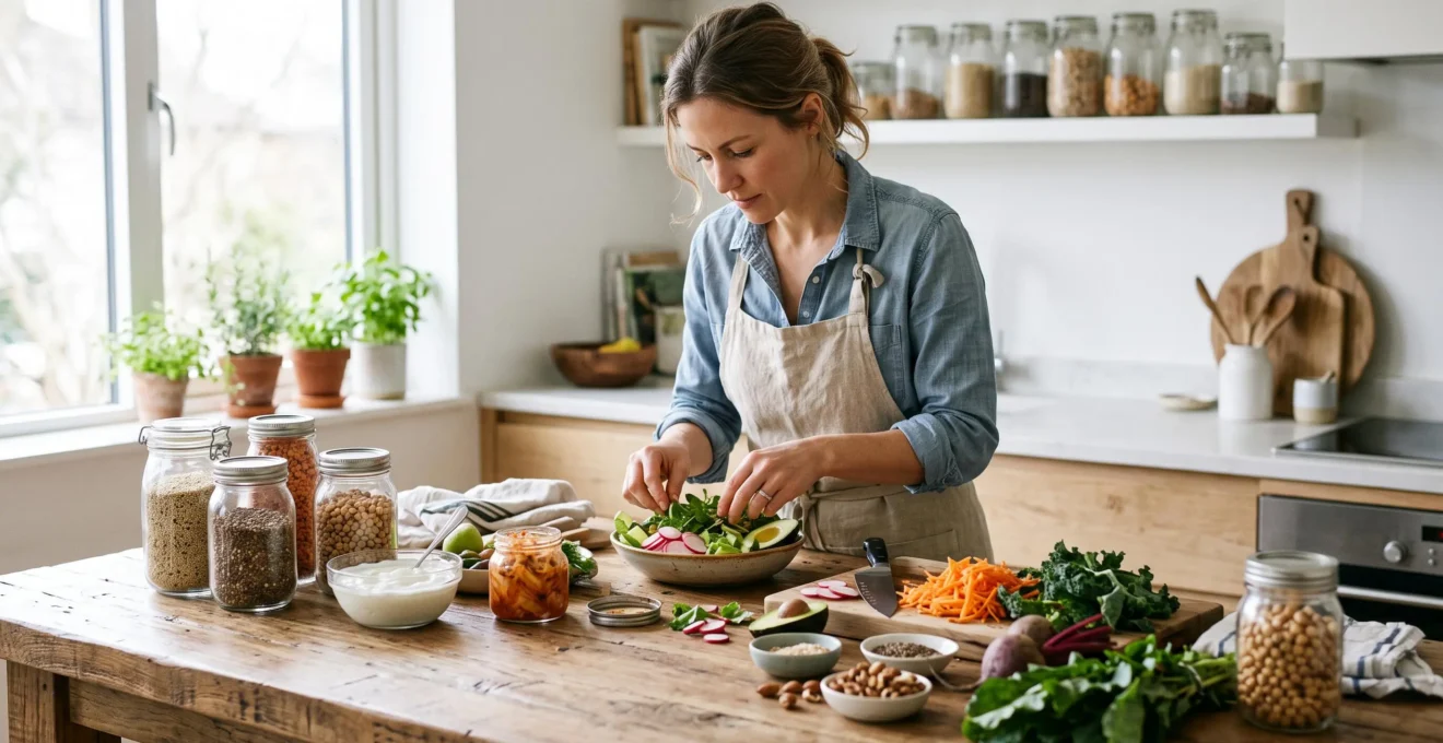 A nutritionist prepares a fiber-rich meal with yogurt and fresh vegetables in a bright kitchen.