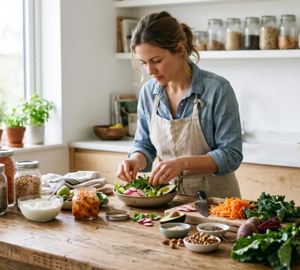 A nutritionist prepares a fiber-rich meal with yogurt and fresh vegetables in a bright kitchen.