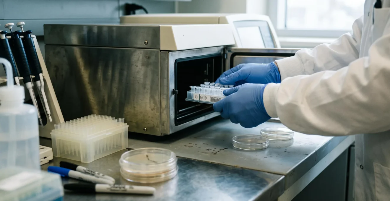 A researcher handles bacterial cultures in a microbiology laboratory.