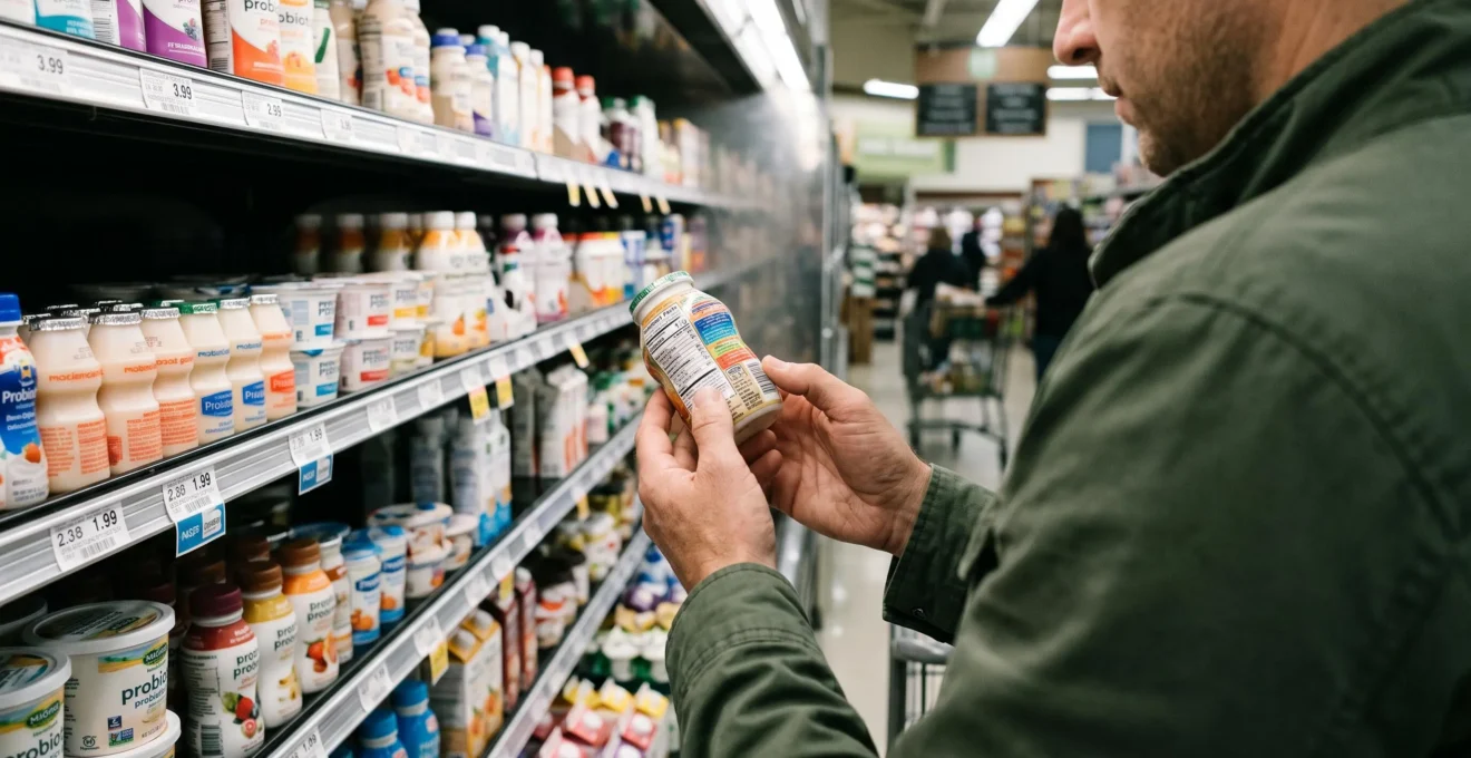 A shopper reads the label of a probiotic product in a grocery aisle.